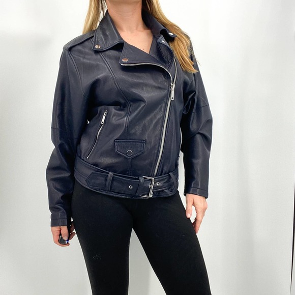 NWT LTH JKT Zoe Batwing Biker Leather Moto Navy Blue Jacket Size Small - Picture 3 of 16